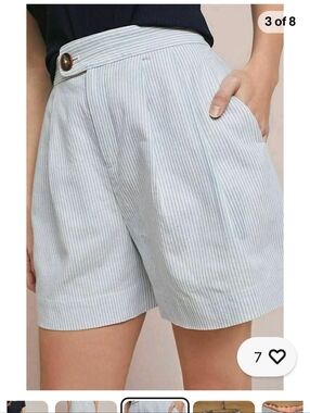 Anthropologie Light Blue And White  Pinstripe High-Waist Linen/Cotton Shorts